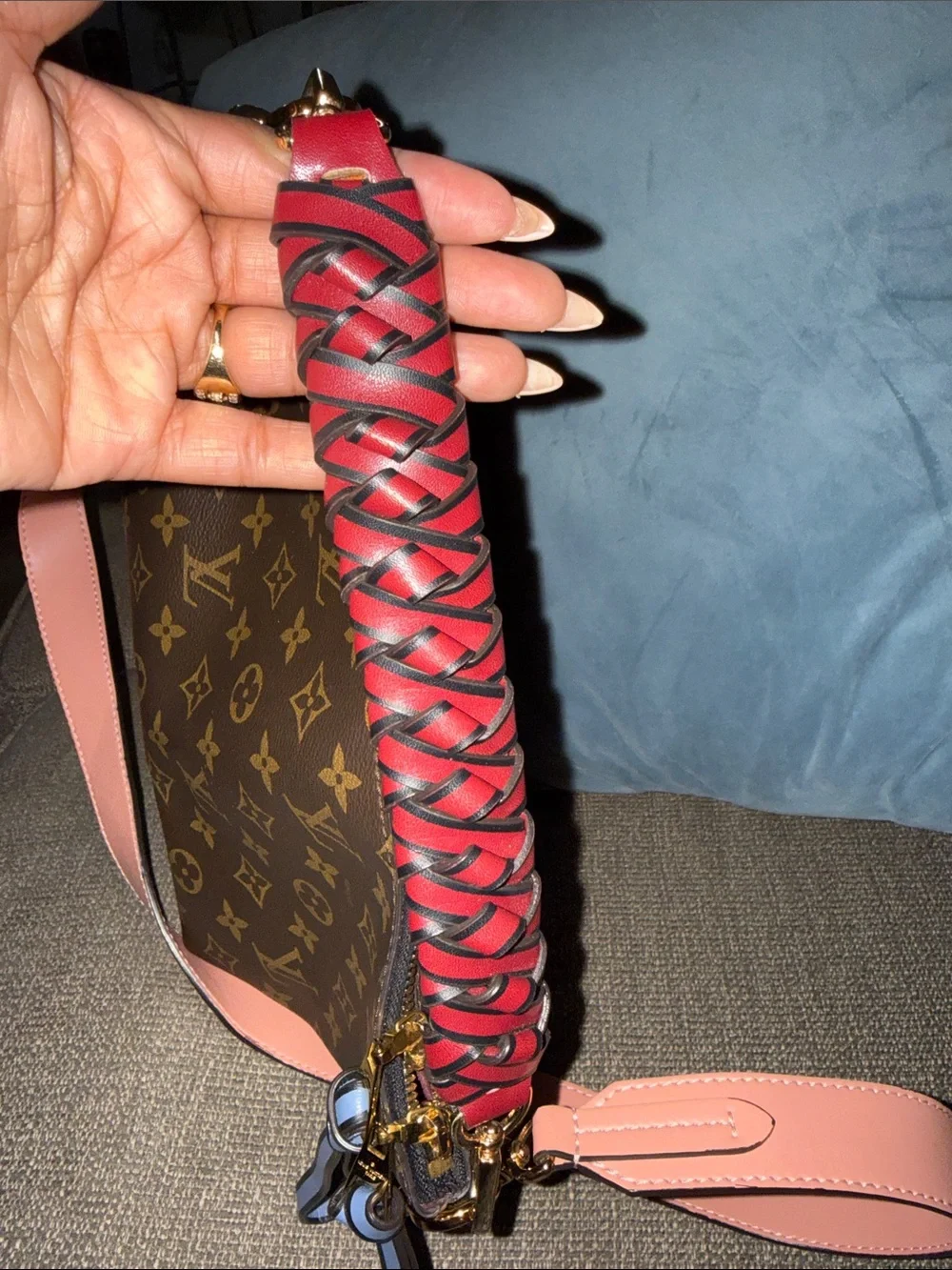 Monogram Shoulder Bag with Pink Strap and Red Braided Handle - Picture 4 of 7